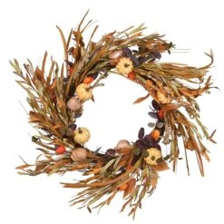 National Tree Company Artificial Autumn Wreath, Decorated With Pumpkins, Grasses, Leaf Stalks, Seedpods, Assorted Leaves, Autumn Collection, 24 In