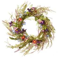 National Tree Company Artificial Hanging Wreath, Vine Stem Base, Decorated With Blue, Red And Pink Mixed Flower Blooms, Flowing Green Stems, Seed Pods, Spring Collection, 20 Inches