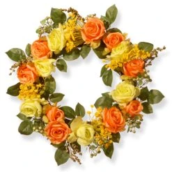 National Tree Company Artificial Hanging Wreath, Woven Branch Base, Decorated With Yellow And Orange Rose Blooms, Seed Pods, Berry Clusters, Leafy Greens, Spring Collection, 20 Inches