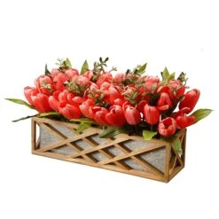 National Tree Company Artificial Planter Box, Decorated With Pink And Red Tulip Blooms, Leafy Greens, Includes Ornate Natural Wooden Base, Spring Collection, 10 Inches