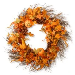 National Tree Company Artificial Autumn Wreath, Decorated With Pumpkins, Pinecones, Berry Clusters, Maple Leaves, Autumn Collection, 28 In