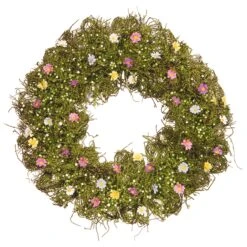 National Tree Company Artificial Hanging Wreath, Woven Branch Base, Decorated With Yellow, White, Pink And Blue Flower Blooms, Green Ivy, Berries, Spring Collection, 19 Inches