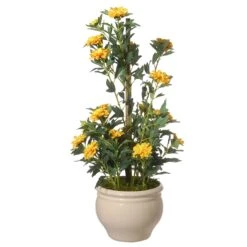 National Tree Company Artificial Potted Plant, Yellow Flower Blooms, Includes Ceramic Cream Base, Spring Collection, 20 Inches