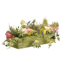 National Tree Company Artificial Candleholder Table Decoration, Wooden Green Box Base, Decorated With Flower Blooms, Berry Clusters, Leafy Greens, Holds 3 Pillar Candles, Spring Collection, 22 Inches