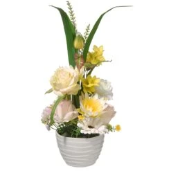 National Tree Company Artificial Potted Flowers, White Daises And Roses, Decorated With Leafy Greens, Includes White Pot Base, Spring Collection, 17 Inches