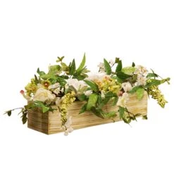 National Tree Company Artificial Candleholder Table Decoration, Wooden Natural Box Base, Decorated With Flower Blooms, Berry Clusters, Leafy Greens, Holds 3 Pillar Candles, Spring Collection, 22 Inches