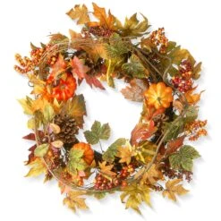 National Tree Company Artificial Autumn Wreath, Decorated With Pumpkins, Pinecones, Berry Clusters, Maple Leaves, Autumn Collection, 24 In
