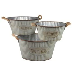 National Tree Company Garden Flower Planters, Pack Of 3 Ornate Tin 'Garden' Pots, Features Rope Handles, Spring Collection, Varying Sizes