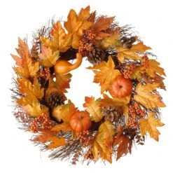 Artificial Autumn Wreath, Decorated With Gourds, Pumpkins, Berry Clusters, Acorns, Maple Leaves, Autumn Collection, 24 In