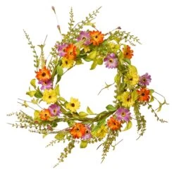 National Tree Company Artificial Hanging Wreath, Vine Stem Base, Decorated With Yellow, Orange And Purple Daisy Blooms, Fern Fronds, Spring Collection, 20 Inches
