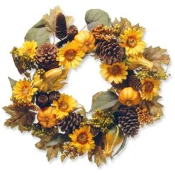 National Tree Company Artificial Autumn Wreath, Decorated With Pumpkins, Gourds, Pinecones, Sunflowers, Berry Clusters, Assorted Leaves, Autumn Collection, 22 In