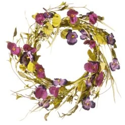 National Tree Company Artificial Hanging Wreath, Vine Stem Base, Decorated With Purple Pansy And Poppy Flowers, Seed Pods, Leafy Greens, Spring Collection, 22 Inches