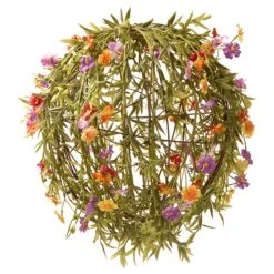 National Tree Company Artificial Flower Ball, Green, Decorated With Vines, Stems, Leafy Greens, Colorful Flower Blooms, Spring Collection, 12 Inches