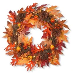 National Tree Company Pre-Lit Artificial Autumn Wreath, Decorated With Gourds, Pinecones, Maple Leaves, Berry Clusters And Lights, Autumn Collection, 24 In