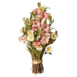 National Tree Company Artificial Floral Bouquet, Woven Branch Base, Decorated With Pink And White Daisy Flowers, Spring Collection, 16 Inches