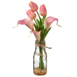 National Tree Company Artificial Flower Bouquet In Glass Vase, Pink Tulips, Decorated With Leafy Greens, Spring Collection, 12 Inches