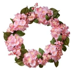 National Tree Company Artificial Hanging Wreath, Woven Branch Base, Decorated With Pink Hydrangea Blooms, Berry Clusters, Leafy Greens, Spring Collection, 24 Inches