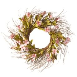 National Tree Company Artificial Hanging Wreath, Woven Branch Base, Decorated With Dogwood Flowers, Leafy Greens, Spring Collection, 22 Inches