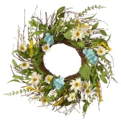 National Tree Company Artificial Hanging Wreath, Woven Branch Base, Decorated With White Sunflower Blooms, Flowing Green Stems, Seed Pods, Spring Collection, 22 Inches