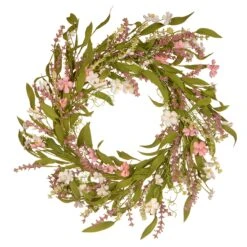 National Tree Company Artificial Hanging Wreath, Woven Stem Base, Green, Decorated With Flower Blooms, Seed Pods, Leafy Greens, Spring Collection, 22 Inches