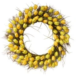 National Tree Company Artificial Hanging Wreath, Woven Branch Base, Decorated With Yellow Tulip Blooms, Flowing Green Stems, Spring Collection, 32 Inches