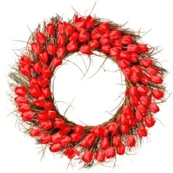 National Tree Company Artificial Hanging Wreath, Woven Branch Base, Decorated With Red Tulip Blooms, Flowing Green Stems, Spring Collection, 32 Inches