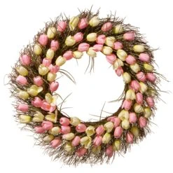 National Tree Company Artificial Hanging Wreath, Woven Branch Base, Decorated With Yellow And Pink Tulip Blooms, Flowing Green Stems, Spring Collection, 32 Inches