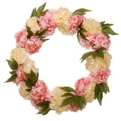 National Tree Company Artificial Hanging Wreath, Woven Branch Base, Decorated With Pink And White Peony Blooms, Leafy Greens, Spring Collection, 24 Inches
