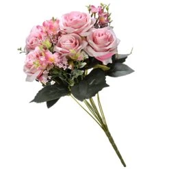 National Tree Company Artificial Floral Bouquet, Vine Stem Base, Decorated With Pink Rose Blooms, Pink Berry Clusters, Seed Pods, Leafy Greens, Spring Collection, 19 Inches