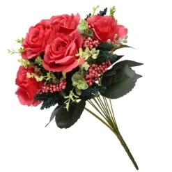 National Tree Company Artificial Floral Bouquet, Vine Stem Base, Decorated With Red Rose Blooms, Berry Clusters, Seed Pods, Leafy Greens, Spring Collection, 19 Inches