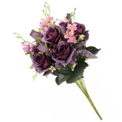 National Tree Company Artificial Floral Bouquet, Vine Stem Base, Decorated With Deep Purple Rose Blooms, Pink Flowers, Seed Pods, Leafy Greens, Spring Collection, 19 Inches