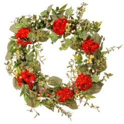 National Tree Company Artificial Hanging Wreath, Woven Branch Base, Decorated With Red Flower Blooms, Flowing Green Stems, Spring Collection, 32 Inches
