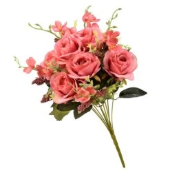 National Tree Company Artificial Floral Bouquet, Vine Stem Base, Decorated With Vibrant Pink Rose Blooms, Seed Pods, Leafy Greens, Spring Collection, 19 Inches