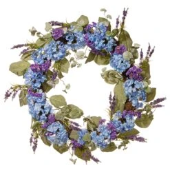 National Tree Company Artificial Hanging Wreath, Woven Branch Base, Decorated With Blue Hydrangea Blooms, Purple Flowers, Flowing Green Stems, Spring Collection, 32 Inches