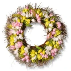 National Tree Company Artificial Hanging Wreath, Woven Branch Base, Decorated With Pink, Yellow And White Tulips, Flowing Green Stems, Spring Collection, 21 Inches