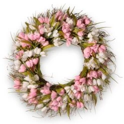 National Tree Company Artificial Hanging Wreath, Woven Branch Base, Decorated With Pink And White Tulips, Flowing Green Stems, Spring Collection, 21 Inches