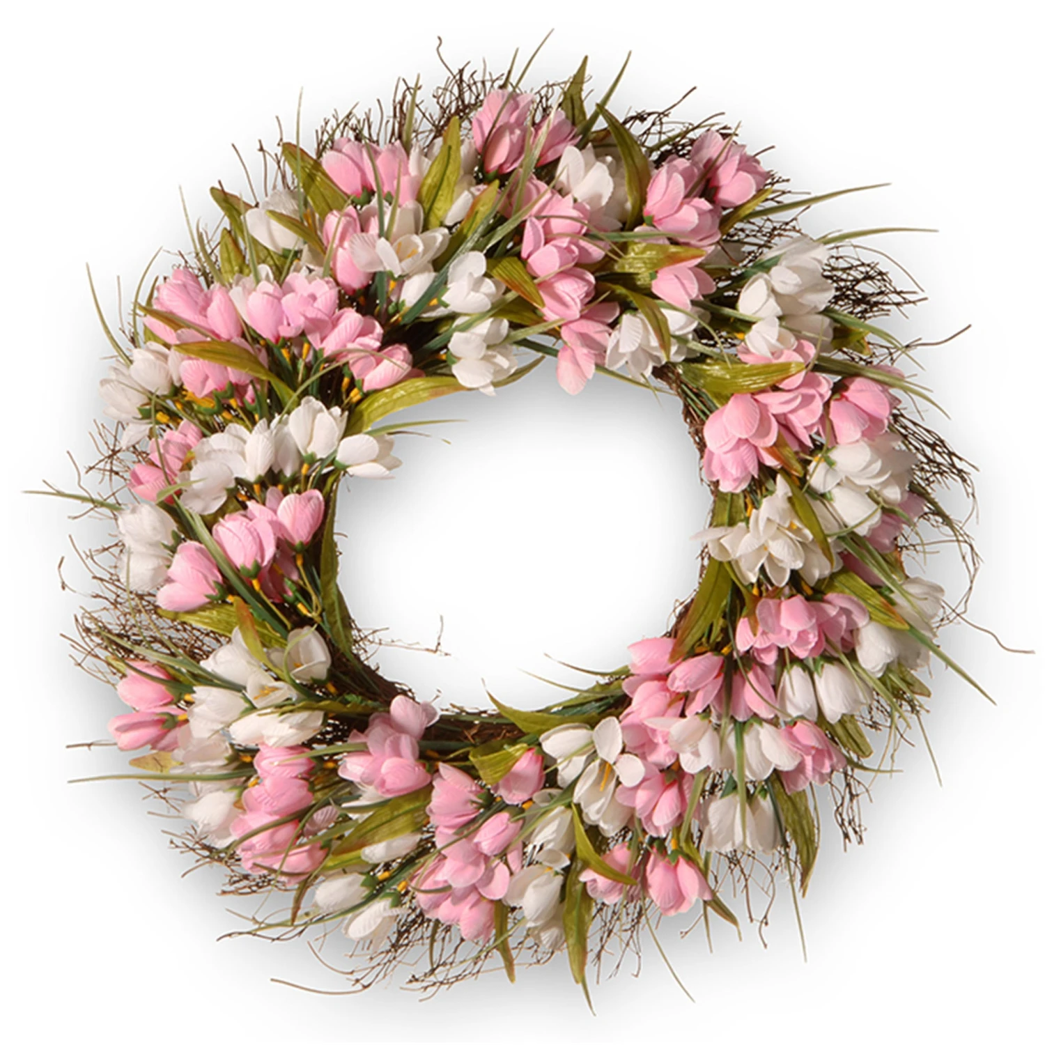 National Tree Company Artificial Hanging Wreath, Woven Branch Base, Decorated With Pink And White Tulips, Flowing Green Stems, Spring Collection, 21 Inches 1 National Tree Company Artificial Hanging Wreath, Woven Branch Base, Decorated With Pink And White Tulips, Flowing Green Stems, Spring Collection, 21 Inches
