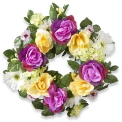 National Tree Company Artificial Hanging Wreath, Vine Stem Base, Decorated With Colorful Daisies, Hydrangeas, Roses, Leafy Greens, Spring Collection, 18 Inches