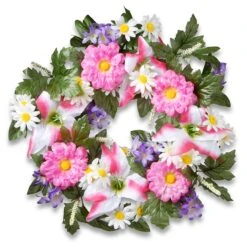 National Tree Company Artificial Hanging Wreath, Woven Branch Base, Decorated With Multicolor Daisy And Tiger Lily Blooms, Leafy Greens, Berry Clusters, Spring Collection, 18 Inches