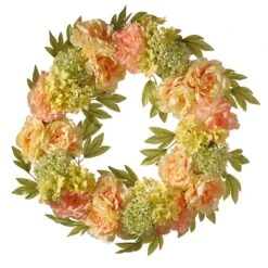 National Tree Company Artificial Hanging Wreath, Woven Branch Base, Decorated With Cream Peony Blooms, Branches, Leafy Greens, Spring Collection, 24 Inches