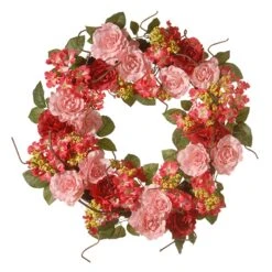 National Tree Company Artificial Hanging Wreath, Woven Branch Base, Decorated With Pink Rose Blooms, Branches, Leafy Greens, Spring Collection, 20 Inches