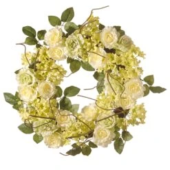 National Tree Company Artificial Hanging Wreath, Woven Branch Base, Decorated With Cream Rose Blooms, Branches, Leafy Greens, Spring Collection, 20 Inches