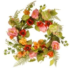 National Tree Company Artificial Hanging Wreath, Woven Branch Base, Decorated With Assorted Flowers, Fern Fronds, Leafy Greens, Spring Collection, 22 Inches