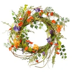 National Tree Company Artificial Hanging Wreath, Woven Branch Base, Decorated With Assorted Flowers, Leafy Greens, Spring Collection, 22 Inches