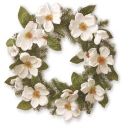 National Tree Company Artificial Hanging Wreath, Evergreen Branch Base, Decorated With Magnolias, North Valley Spruce Branches, Leaves, Spring Collection, 24 Inches
