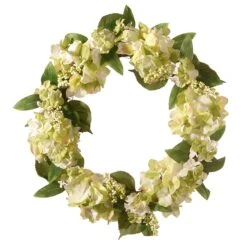 National Tree Company Artificial Hanging Wreath, Green, Woven Vine Stem Base, Decorated With Hydrangea Blooms, Berry Clusters, Leafy Greens, Spring Collection, 24 Inches