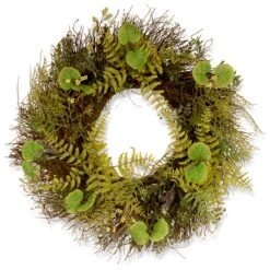 National Tree Company Artificial Hanging Wreath, Green, Woven Branch Base, Decorated With Fern Leaves, Lavender, Leafy Greens, Spring Collection, 24 Inches