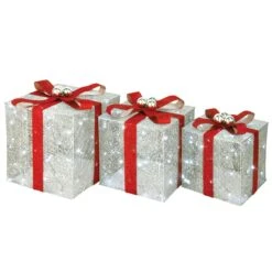 Pre-Lit Silver Gift Boxes, Set Of Three, White Lights, Christmas Collection
