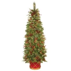 Pre-Lit Artificial Entrance Christmas Tree, Colonial Fir, Green, White Lights, Decorated With Flowers, Includes Metal Base, 6 Feet