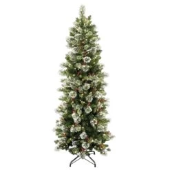 Pre-Lit Artificial Slim Christmas Tree, Wintry Pine, Green, White Lights, Decorated With Pine Cones, Includes Stand, 7.5 Feet